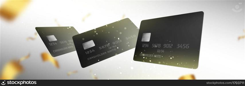 Black plastic credit cards falling with gold ribbons. Vector realistic background with 3d blank bank debit, shopping or discount cards with chips and shiny confetti. Black plastic credit cards and gold ribbons