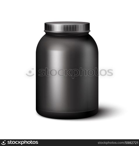 Black plastic sport nutrition container isolated on white background vector illustration. Sport Nutrition Container