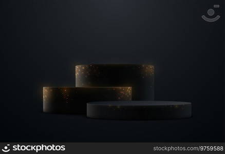 Black podium scene with shimmering golden glitters. Vector 3d illustration. Round pillar stand mockup. Cylinder pedestal. Minimalist decoration for product presentation. Black podium scene with shimmering golden glitters. Vector 3d illustration. Round pillar stand mockup.