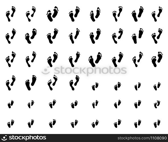 Black prints of human and children feet on a white background