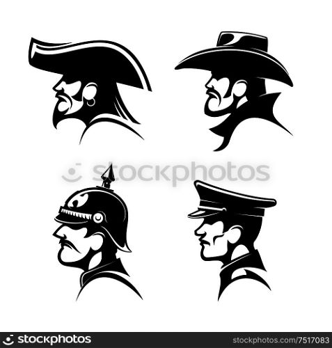 Black profiles of brutal cowboy in leather hat, bearded pirate with earring and captain hat, brave general of prussian army in spiked helmet and german soldier in peaked cap. Great for mascot or war history, adventure symbol design. Pirate, cowboy, prussian general, german soldier