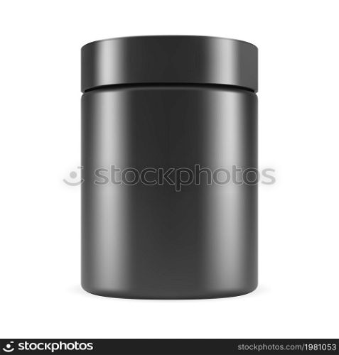 Black protein jar mockup. Sport supplement glossy plastic pack. Cylinder can for sport nutrition, bcaa vitamin tablets, bodybuilding or fitness nutrient. Premium black packaging, 3d vector. Black protein jar mockup. Sport supplement pack