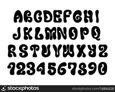 Black psychedelic hippie font isolated on white. Black psychedelic hippie font on white