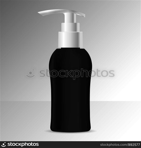 Black Pump bottle mockup with white cap. EPS10 Vector illustration. Plastic Dispenser jar for liquid soap, gel, shampoo.. Black Pump bottle mockup with white cap. Vector