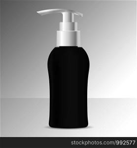 Black Pump bottle mockup with white cap. EPS10 Vector illustration. Plastic Dispenser jar for liquid soap, gel, shampoo.. Black Pump bottle mockup with white cap. Vector