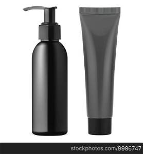 Black pump dispenser bottle. Plastic cream tube. Beauty lotion container, face skin care gel. Makeup cleanser cosmetics, realistic isolated jar blank. Black cosmetic tube set. Black pump dispenser bottle. Plastic cream tube