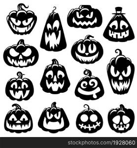 Black pumpkin icons. Halloween pumpkins, scary crazy isolated holiday characters. Facial emotions, festive party lanterns emotional vector set. Illustration of pumpkin halloween, black silhouette. Black pumpkin icons. Halloween pumpkins, scary crazy isolated holiday characters. Facial emotions, festive party lanterns garish emotional vector set