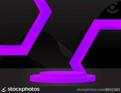 Black Purple Mockup product display. Abstract vector 3D room, cylinder pedestal podium. Stage showcase for presentation. Futuristic Sci-fi minimal geometric forms, empty scene.