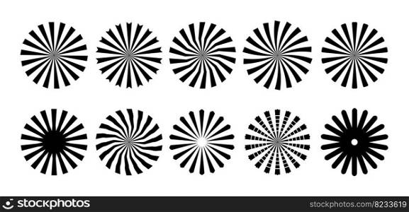 Black radial starburst elements. Isolated sunburst abstract design, circle graphic decorative vector icons. Cutter templates, creative art suns of radial graphic sunburst illustration. Black radial starburst elements. Isolated sunburst abstract design, circle graphic decorative vector icons. Cutter templates, creative art suns