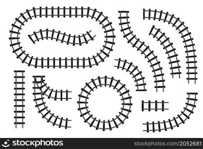 Black rails. Cartoon train and subway railroad. Tram railway track with railings and sleepers. Silhouette metro path constructor. Straight and turns road parts. Vector isolated graphic elements set. Black rails. Cartoon train and subway railroad. Railway track with railings and sleepers. Silhouette metro path constructor. Straight and turns road parts. Vector isolated elements set