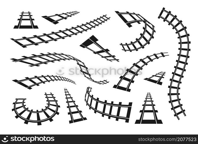 Black railway. Train track and straight railroad silhouette. Subway and tram journey road. Transport railing way isolated contour parts. Industrial construction. Vector rails and sleepers elements set. Black railway. Train track and straight railroad silhouette. Subway and tram journey road. Transport railing way contour parts. Industrial construction. Vector rails and sleepers set
