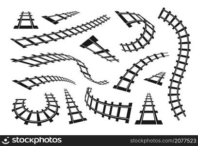 Black railway. Train track and straight railroad silhouette. Subway and tram journey road. Transport railing way isolated contour parts. Industrial construction. Vector rails and sleepers elements set. Black railway. Train track and straight railroad silhouette. Subway and tram journey road. Transport railing way contour parts. Industrial construction. Vector rails and sleepers set