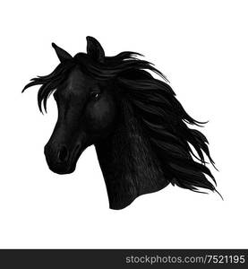 Black raven horse head portrait. Ink dark mustang with beautiful black mane waving in wind. Vector label for sport team badge, mascot, horse race emblem. Black raven horse head portrait