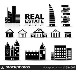 Black real estate | houses | buildings icon set. Isolated on white
