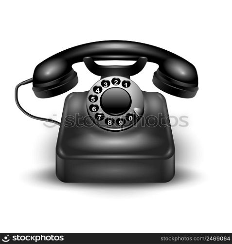Black realistic retro dial phone wired and landline isolated and with shadows vector illustration. Realistic Retro Telephone