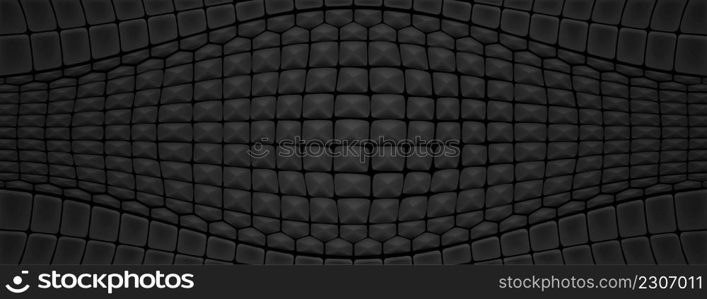 Black reptile skin texture. Background with pattern of snake, crocodile or lizard leather. Vector cartoon illustration of luxury fashion material from alligator skin with solid scales. Black reptile skin texture background