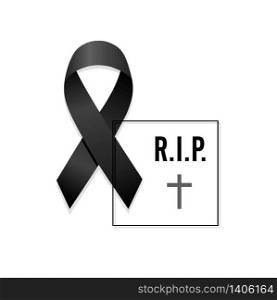 Black ribbon. Rest in Peace with frame. Isolated vector illustration