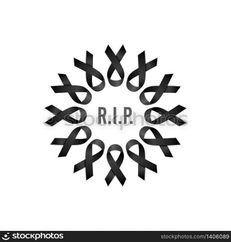 Black ribbon. Rest in peace. Wreath with English text. Isolated vector illustration