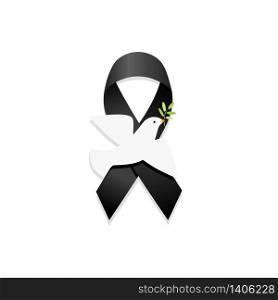 Black ribbon with peace dove. Isolated vector illustration