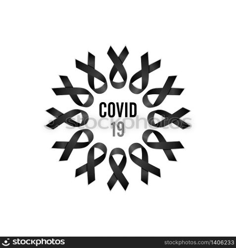 Black ribbon. Wreath with Covid-19 text. Isolated vector illustration