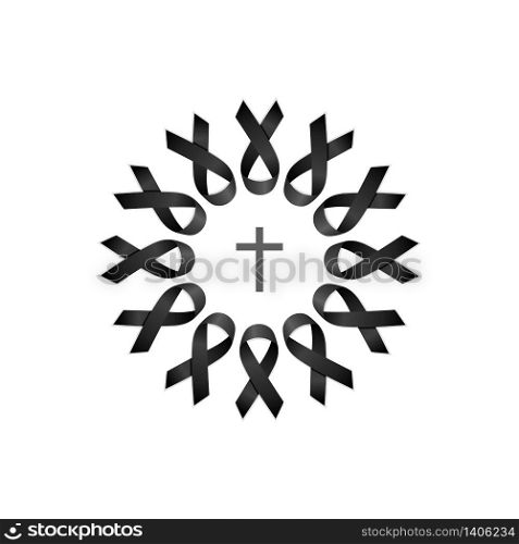 Black ribbon. Wreath with cross. Isolated vector illustration