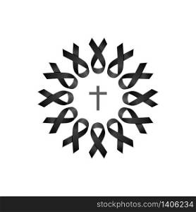 Black ribbon. Wreath with cross. Isolated vector illustration