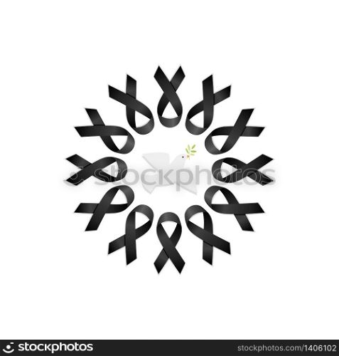 Black ribbon. Wreath with peace dove. Isolated vector illustration