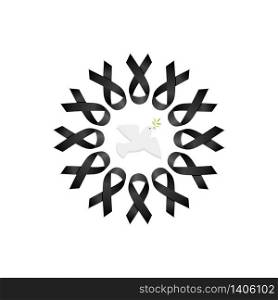 Black ribbon. Wreath with peace dove. Isolated vector illustration