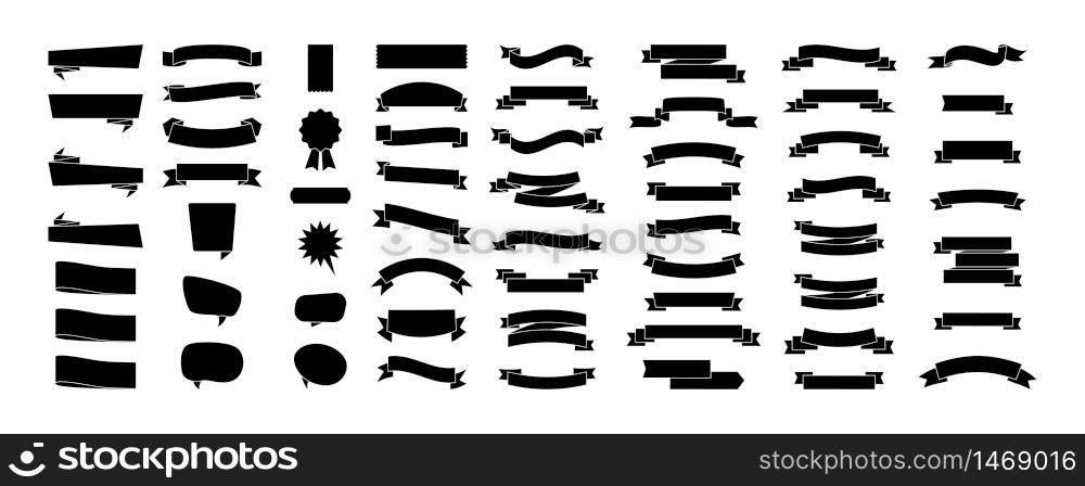 Black Ribbons Banners, isolated on white background. Ribbons banners collection different shape. Ribbon Banner vector icons. Vector illustration
