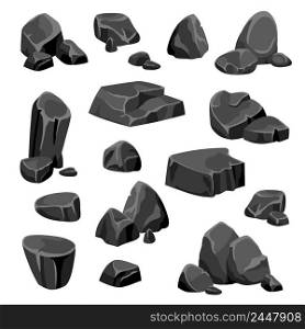 Black rocks and stones fragments of granite or nature mineral in cartoon style isolated vector illustration . Black Rocks And Stones