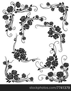 Black rose corners and borders, vintage dividers with scroll and flower buds. Vector flourishes frames, floral embellishment with blossoms, curls and thorns. Elegant isolated retro decor roses. Black rose corners and borders, vintage dividers