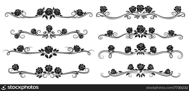 Black rose flower borders, dividers and floral swirls. Monochrome headers, vector retro embellishments, vintage roses with blossom buds and leaves. Decorative isolated vignettes set. Black rose flower borders, dividers, floral swirls