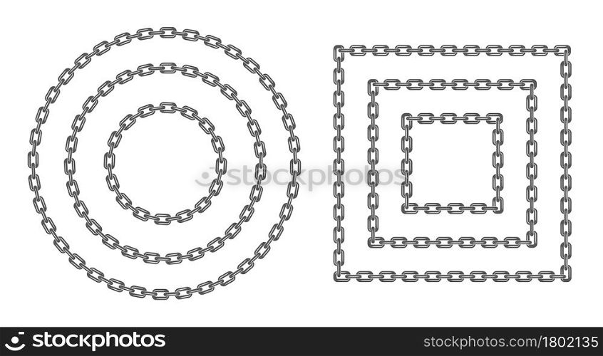 Black round and square chain set. Black circle and rectangular chain frame various sizes. Flat vector illustration isolated on white background.. Black round and square chain set. Flat vector illustration isolated on white
