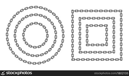 Black round and square chain set. Black circle and rectangular chain frame various sizes. Flat vector illustration isolated on white background.. Black round and square chain set. Flat vector illustration isolated on white