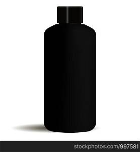 Black round cosmetic bottle mockup with black cap. Cosmetics product packaging template isolated on white background. Vector shampoo container template.. Black round cosmetic bottle mockup with black cap. Cosmetics