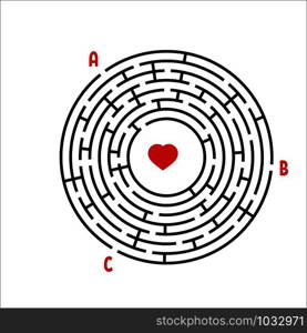 Black round maze. Game for kids. Children&rsquo;s puzzle. Many entrances, one exit. Labyrinth conundrum. Simple flat vector illustration isolated on white background. With place for your image.