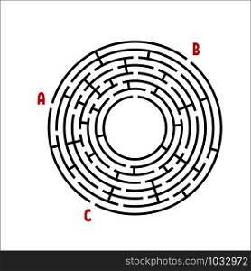 Black round maze. Game for kids. Children&rsquo;s puzzle. Many entrances, one exit. Labyrinth conundrum. Simple flat vector illustration isolated on white background. With place for your image.