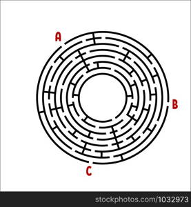 Black round maze. Game for kids. Children&rsquo;s puzzle. Many entrances, one exit. Labyrinth conundrum. Simple flat vector illustration isolated on white background. With place for your image.