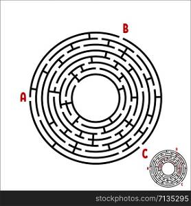 Black round maze. Game for kids. Children&rsquo;s puzzle. Many entrances, one exit. Labyrinth conundrum. Simple flat vector illustration isolated on white background. With place for your image.