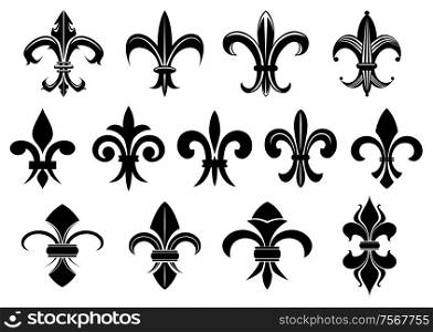 Black royal fleur de lis flowers set isolated on white background for heraldry or tattoo design