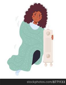 Black sad girl wrapped in blanket is freezing and basking near hot radiator. Vector illustration. Concept season cold, suffering of low degrees temperature and and room heat heating
