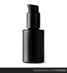 Black sanitizer bottle. Serum spray glass package mock up. Glass packaging with dispenser cap for skin cream, antiseptic gel. Black sanitizer bottle. Serum spray glass package