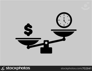 Black Scales icon with time and money in flat design on blank background. Eps10. Black Scales icon with time and money in flat design on blank background
