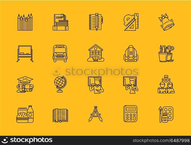 Black School Thin Lines Outline Stroke Icons. Set of school thin, lines, outline, strokes icons. Items for school study, pencil, bag, breakfast, dividers, globe student, bell black on yellow background. For web and mobile applications