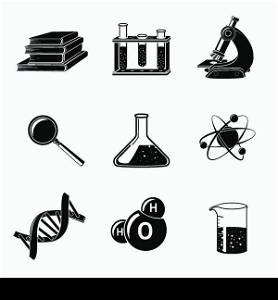 Black science icons set with flask water molecule dna structure isolated vector illustration