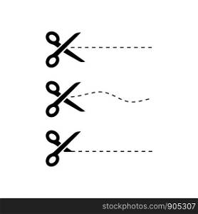 Black Scissors icons with cut lines on white background. Scissors icon. Eps10