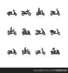 Black scooter motorcycle vehicles with people silhouettes icons set isolated vector illustration