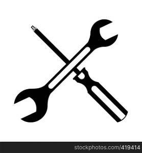 Black screwdriver and spanner flat icon isolated on a white background. Black screwdriver and spanner flat icon