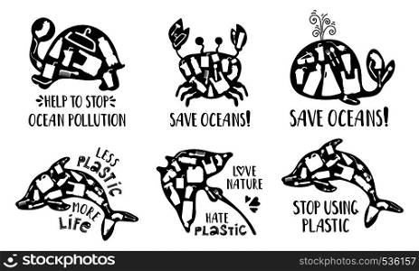 Black sea animals silhouettes and plastic trash (bottles, packages, boxes) and lettering, isolated on white background. Ecological concept, ocean pollution, environmental protection, vector flat. NatureEcologyPollution