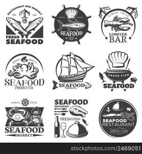 Black seafood emblem set with restaurant and market fresh seafood highest quality seafood fresh fish descriptions vector illustration. Seafood Emblem Set
